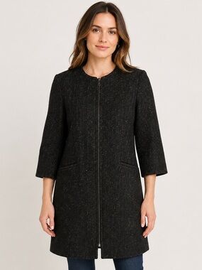 Zara Woman Wool Blend Herringbone Flecked Zip Coat Black Size S